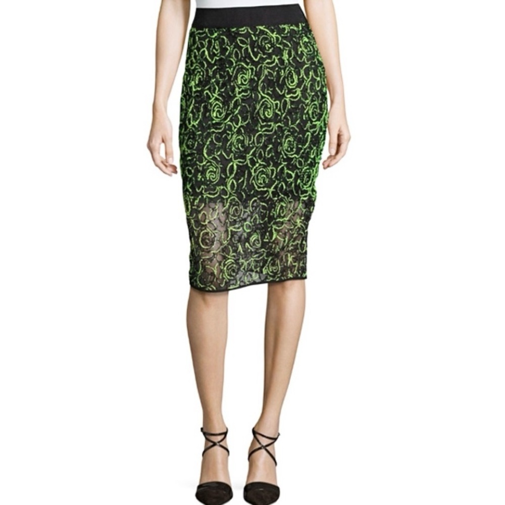 Milly Black and Green Lace Pencil Skirt